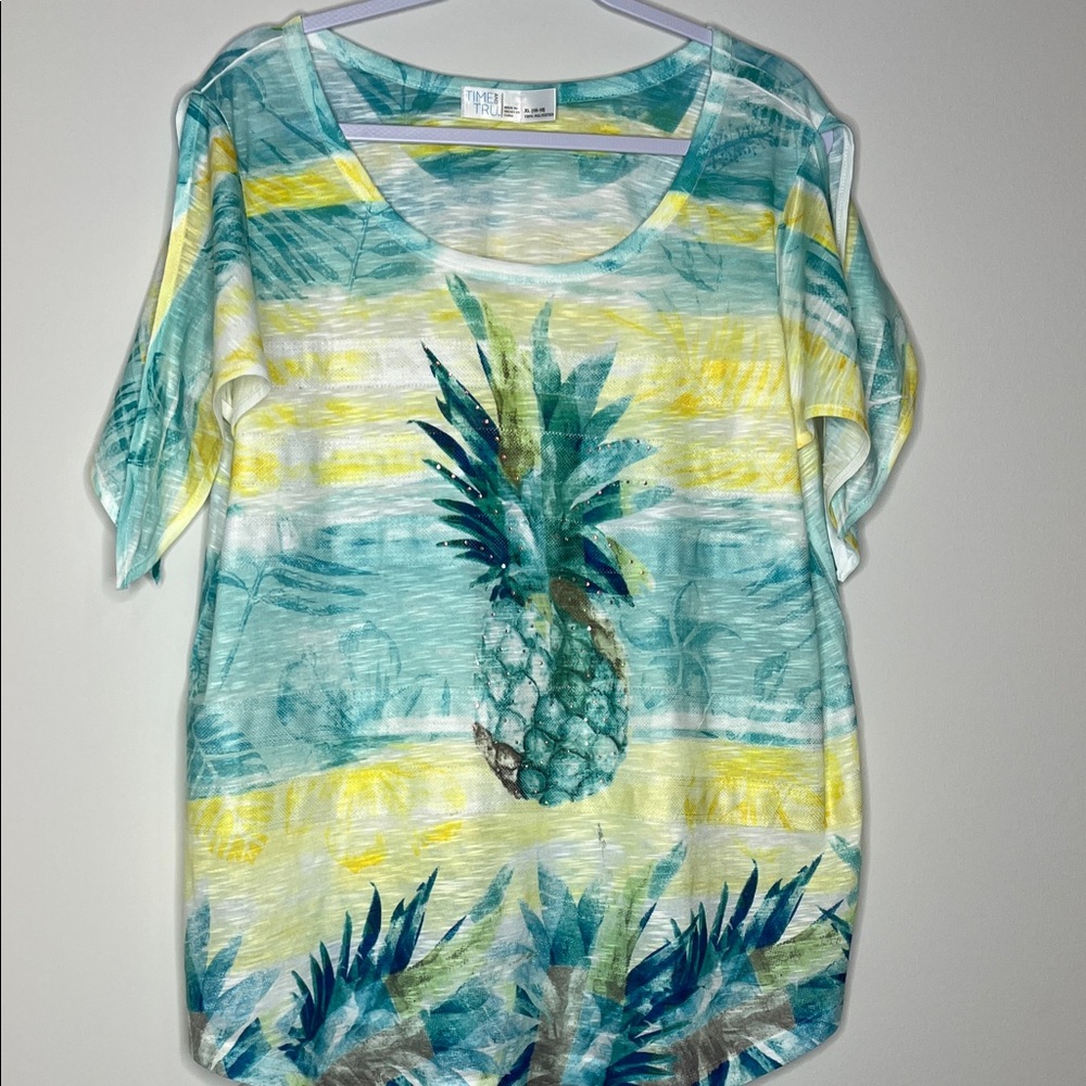 Time and Tru Tropical Pineapple Short Sleeve Tee - Teal and Yellow